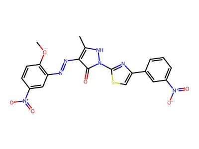 (4Z)-4-[(2-methoxy-5-nitrophenyl)hydrazinylidene]-5-methyl-2-[4-(3-nitrophenyl)-1,3-thiazol-2-yl]pyrazol-3-one structure