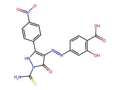 4-[[2-Carbamothioyl-5-(4-nitrophenyl)-3-oxo-1H-pyrazol-4-yl]diazenyl]-2-hydroxybenzoic acid structure