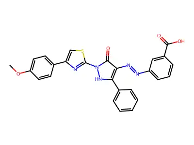 (E)-3-(2-(1-(4-(4-methoxyphenyl)thiazol-2-yl)-5-oxo-3-phenyl-1H-pyrazol-4(5H)-ylidene)hydrazinyl)benzoic acid structure