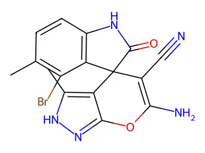 6'-amino-4-bromo-3',5-dimethyl-2-oxo-1,2-dihydro-1'H-spiro[indole-3,4'-pyrano[2,3-c]pyrazole]-5'-carbonitrile structure