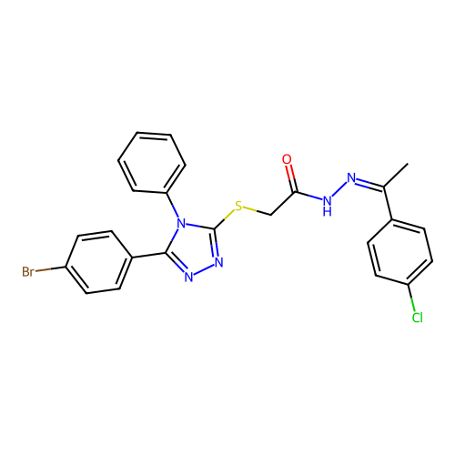 (Z)-2-((5-(4-bromophenyl)-4-phenyl-4H-1,2,4-triazol-3-yl)thio)-N'-(1-(4-chlorophenyl)ethylidene)acetohydrazide structure