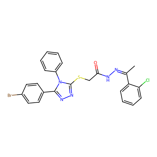(Z)-2-((5-(4-bromophenyl)-4-phenyl-4H-1,2,4-triazol-3-yl)thio)-N'-(1-(2-chlorophenyl)ethylidene)acetohydrazide structure