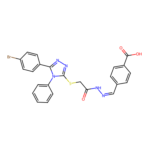 4-{(E)-[({[5-(4-bromophenyl)-4-phenyl-4H-1,2,4-triazol-3-yl]sulfanyl}acetyl)hydrazono]methyl}benzoic acid structure