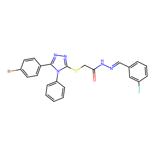 (E)-2-((5-(4-bromophenyl)-4-phenyl-4H-1,2,4-triazol-3-yl)thio)-N'-(3-fluorobenzylidene)acetohydrazide structure