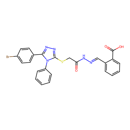 (E)-2-((2-(2-((5-(4-bromophenyl)-4-phenyl-4H-1,2,4-triazol-3-yl)thio)acetyl)hydrazono)methyl)benzoic acid structure