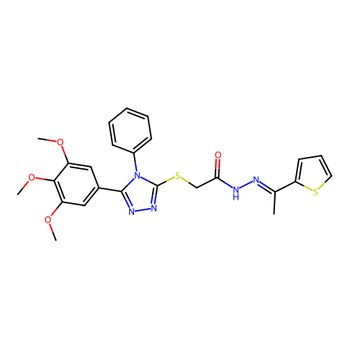 2-{[4-phenyl-5-(3,4,5-trimethoxyphenyl)-4H-1,2,4-triazol-3-yl]sulfanyl}-N'-[(1E)-1-(thiophen-2-yl)ethylidene]acetohydrazide structure