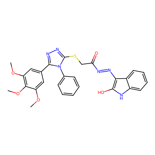 (Z)-N'-(2-oxoindolin-3-ylidene)-2-((4-phenyl-5-(3,4,5-trimethoxyphenyl)-4H-1,2,4-triazol-3-yl)thio)acetohydrazide structure