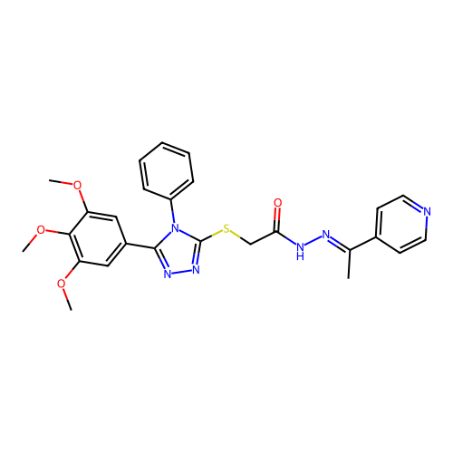 2-{[4-phenyl-5-(3,4,5-trimethoxyphenyl)-4H-1,2,4-triazol-3-yl]sulfanyl}-N'-[(1E)-1-(pyridin-4-yl)ethylidene]acetohydrazide structure