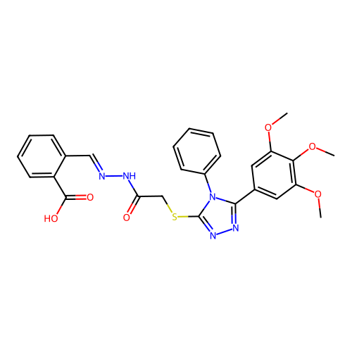 2-{(E)-[2-({[4-phenyl-5-(3,4,5-trimethoxyphenyl)-4H-1,2,4-triazol-3-yl]sulfanyl}acetyl)hydrazinylidene]methyl}benzoic acid structure