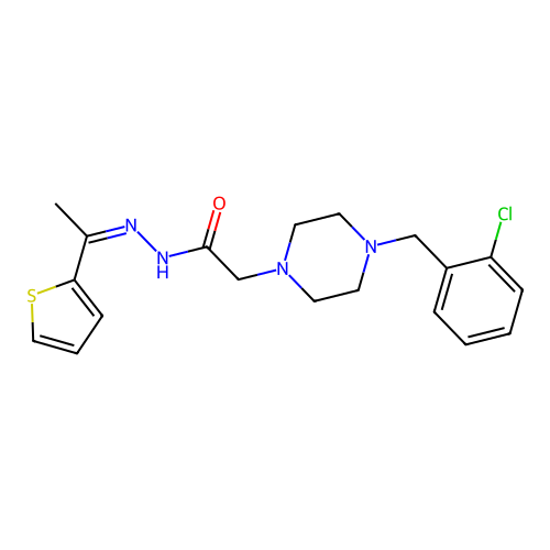 (Z)-2-(4-(2-chlorobenzyl)piperazin-1-yl)-N'-(1-(thiophen-2-yl)ethylidene)acetohydrazide structure