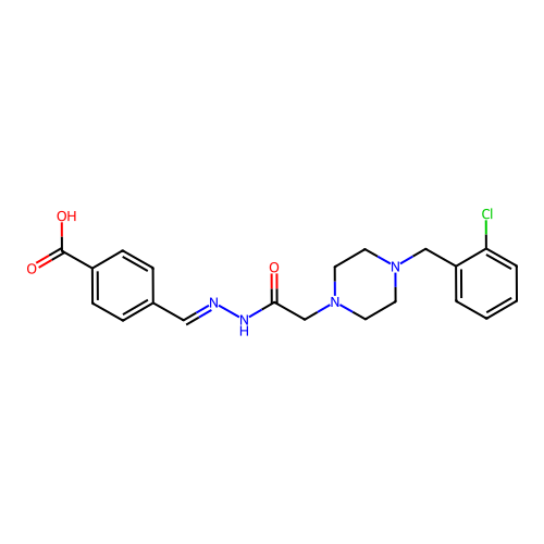 (E)-4-((2-(2-(4-(2-chlorobenzyl)piperazin-1-yl)acetyl)hydrazono)methyl)benzoic acid structure