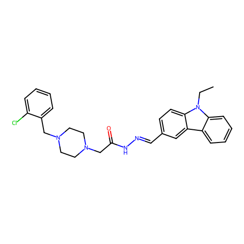 (E)-2-(4-(2-chlorobenzyl)piperazin-1-yl)-N'-((9-ethyl-9H-carbazol-3-yl)methylene)acetohydrazide structure