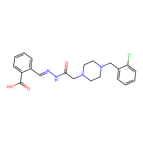 (E)-2-((2-(2-(4-(2-chlorobenzyl)piperazin-1-yl)acetyl)hydrazono)methyl)benzoic acid structure