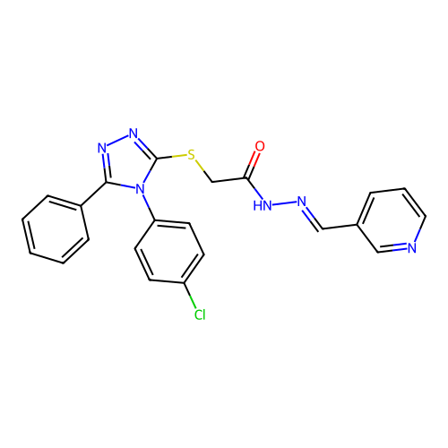(E)-2-((4-(4-chlorophenyl)-5-phenyl-4H-1,2,4-triazol-3-yl)thio)-N'-(pyridin-3-ylmethylene)acetohydrazide structure