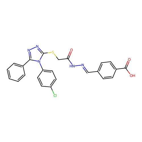 (E)-4-((2-(2-((4-(4-chlorophenyl)-5-phenyl-4H-1,2,4-triazol-3-yl)thio)acetyl)hydrazono)methyl)benzoic acid structure