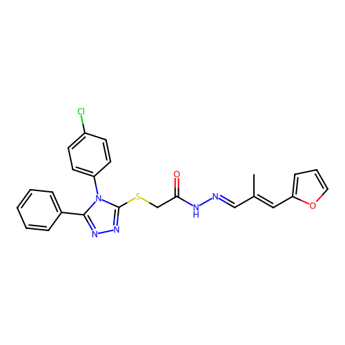 (E)-2-((4-(4-chlorophenyl)-5-phenyl-4H-1,2,4-triazol-3-yl)thio)-N'-((E)-3-(furan-2-yl)-2-methylallylidene)acetohydrazide structure
