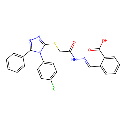 2-{(E)-[2-({[4-(4-chlorophenyl)-5-phenyl-4H-1,2,4-triazol-3-yl]sulfanyl}acetyl)hydrazinylidene]methyl}benzoic acid structure