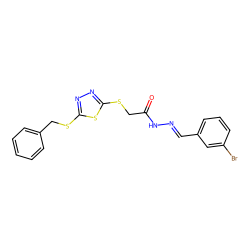 (E)-2-((5-(benzylthio)-1,3,4-thiadiazol-2-yl)thio)-N'-(3-bromobenzylidene)acetohydrazide structure