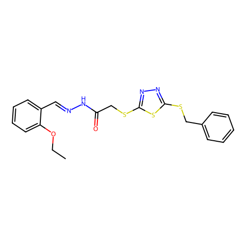 2-{[5-(benzylsulfanyl)-1,3,4-thiadiazol-2-yl]sulfanyl}-N'-[(E)-(2-ethoxyphenyl)methylidene]acetohydrazide structure