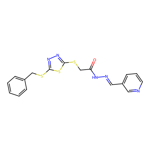 2-{[5-(benzylsulfanyl)-1,3,4-thiadiazol-2-yl]sulfanyl}-N'-[(E)-pyridin-3-ylmethylidene]acetohydrazide structure