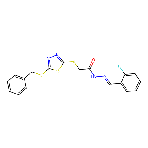 2-{[5-(benzylsulfanyl)-1,3,4-thiadiazol-2-yl]sulfanyl}-N'-[(E)-(2-fluorophenyl)methylidene]acetohydrazide structure
