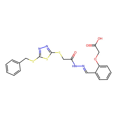 (2-{(E)-[2-({[5-(benzylsulfanyl)-1,3,4-thiadiazol-2-yl]sulfanyl}acetyl)hydrazinylidene]methyl}phenoxy)acetic acid structure