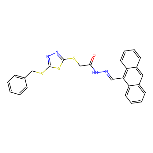 (E)-N'-(anthracen-9-ylmethylene)-2-((5-(benzylthio)-1,3,4-thiadiazol-2-yl)thio)acetohydrazide structure