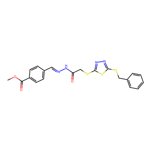 methyl 4-{(E)-[2-({[5-(benzylsulfanyl)-1,3,4-thiadiazol-2-yl]sulfanyl}acetyl)hydrazinylidene]methyl}benzoate structure