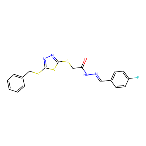 (E)-2-((5-(benzylthio)-1,3,4-thiadiazol-2-yl)thio)-N'-(4-fluorobenzylidene)acetohydrazide structure