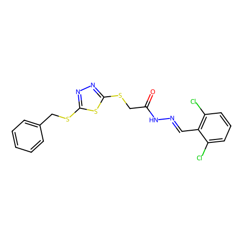 2-{[5-(benzylsulfanyl)-1,3,4-thiadiazol-2-yl]sulfanyl}-N'-[(E)-(2,6-dichlorophenyl)methylidene]acetohydrazide structure