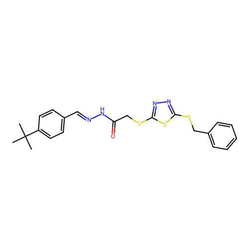 (E)-2-((5-(benzylthio)-1,3,4-thiadiazol-2-yl)thio)-N'-(4-(tert-butyl)benzylidene)acetohydrazide structure