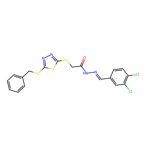 (E)-2-((5-(benzylthio)-1,3,4-thiadiazol-2-yl)thio)-N'-(3,4-dichlorobenzylidene)acetohydrazide structure