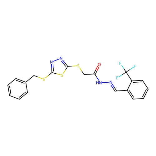 2-{[5-(benzylsulfanyl)-1,3,4-thiadiazol-2-yl]sulfanyl}-N'-{(E)-[2-(trifluoromethyl)phenyl]methylidene}acetohydrazide structure
