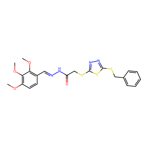 2-{[5-(benzylsulfanyl)-1,3,4-thiadiazol-2-yl]sulfanyl}-N'-[(E)-(2,3,4-trimethoxyphenyl)methylidene]acetohydrazide structure