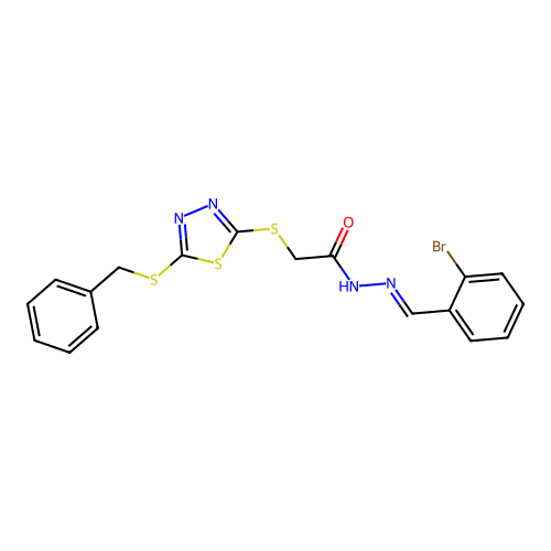 (E)-2-((5-(benzylthio)-1,3,4-thiadiazol-2-yl)thio)-N'-(2-bromobenzylidene)acetohydrazide structure