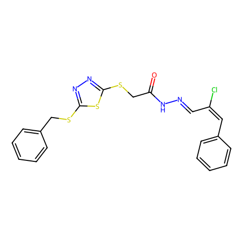 (E)-2-((5-(benzylthio)-1,3,4-thiadiazol-2-yl)thio)-N'-((E)-2-chloro-3-phenylallylidene)acetohydrazide structure
