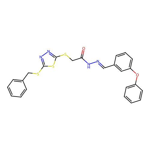 2-{[5-(benzylsulfanyl)-1,3,4-thiadiazol-2-yl]sulfanyl}-N'-[(E)-(3-phenoxyphenyl)methylidene]acetohydrazide structure