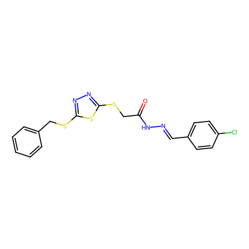 2-((5-(Benzylthio)1,3,4-thiadiazol-2-YL)thio)N'-(4-CL-benzylidene)acetohydrazide structure