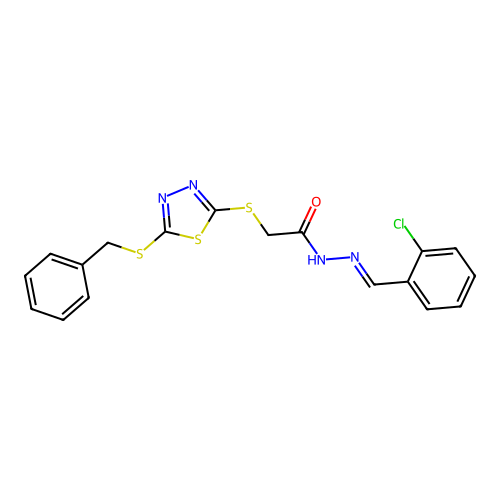2-{[5-(benzylsulfanyl)-1,3,4-thiadiazol-2-yl]sulfanyl}-N'-[(E)-(2-chlorophenyl)methylidene]acetohydrazide structure