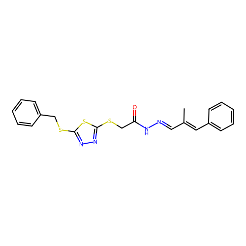 2-{[5-(benzylsulfanyl)-1,3,4-thiadiazol-2-yl]sulfanyl}-N'-[(1E,2E)-2-methyl-3-phenylprop-2-en-1-ylidene]acetohydrazide structure