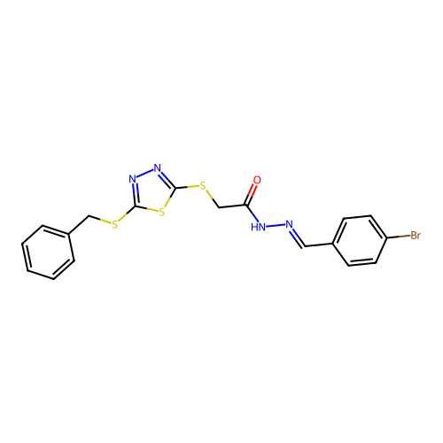 (E)-2-((5-(benzylthio)-1,3,4-thiadiazol-2-yl)thio)-N'-(4-bromobenzylidene)acetohydrazide structure