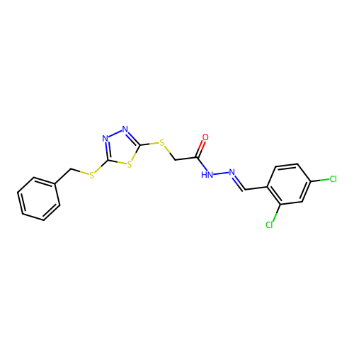 2-{[5-(benzylsulfanyl)-1,3,4-thiadiazol-2-yl]sulfanyl}-N'-[(E)-(2,4-dichlorophenyl)methylidene]acetohydrazide structure