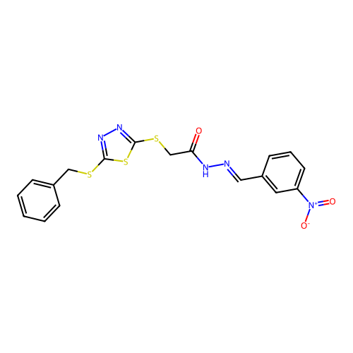 2-{[5-(benzylsulfanyl)-1,3,4-thiadiazol-2-yl]sulfanyl}-N'-[(E)-(3-nitrophenyl)methylidene]acetohydrazide structure