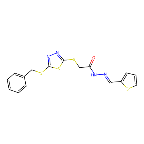 (E)-2-((5-(benzylthio)-1,3,4-thiadiazol-2-yl)thio)-N'-(thiophen-2-ylmethylene)acetohydrazide structure