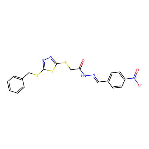 (E)-2-((5-(benzylthio)-1,3,4-thiadiazol-2-yl)thio)-N'-(4-nitrobenzylidene)acetohydrazide structure