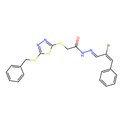 (E)-2-((5-(benzylthio)-1,3,4-thiadiazol-2-yl)thio)-N'-((E)-2-bromo-3-phenylallylidene)acetohydrazide structure