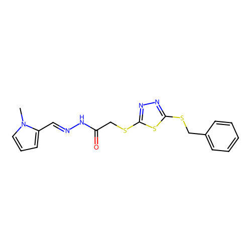 2-{[5-(benzylsulfanyl)-1,3,4-thiadiazol-2-yl]sulfanyl}-N'-[(E)-(1-methyl-1H-pyrrol-2-yl)methylidene]acetohydrazide structure