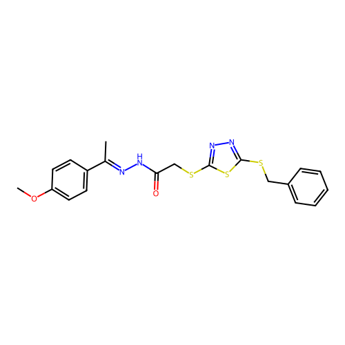 (E)-2-((5-(benzylthio)-1,3,4-thiadiazol-2-yl)thio)-N'-(1-(4-methoxyphenyl)ethylidene)acetohydrazide structure