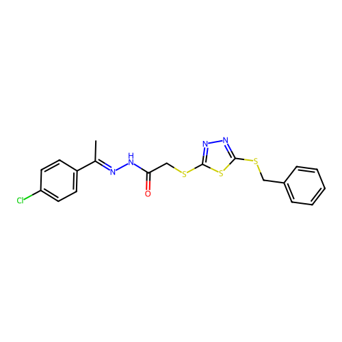 (E)-2-((5-(benzylthio)-1,3,4-thiadiazol-2-yl)thio)-N'-(1-(4-chlorophenyl)ethylidene)acetohydrazide structure