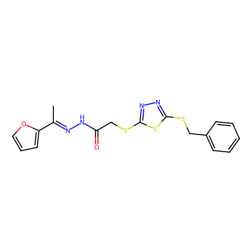 2-{[5-(benzylsulfanyl)-1,3,4-thiadiazol-2-yl]sulfanyl}-N'-[(1E)-1-(furan-2-yl)ethylidene]acetohydrazide structure